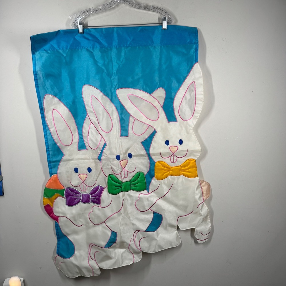 NCE Easter Garden Flag Three Bunnies Bow Ties Blue Spring Outdoor Decor Banner